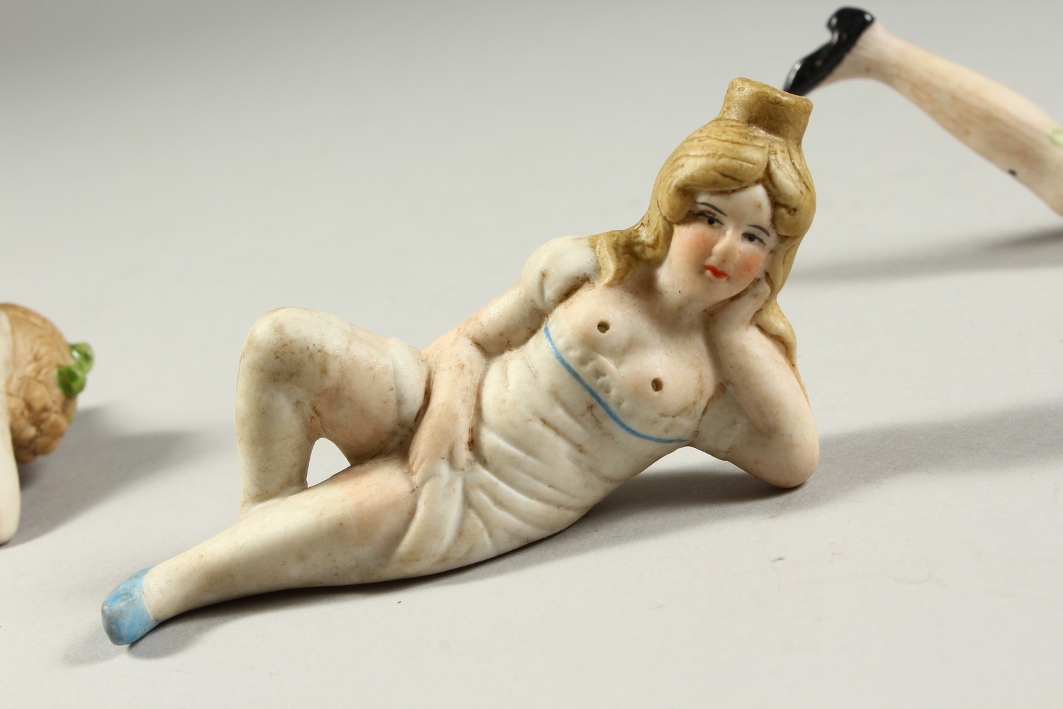 THREE BISQUE PORCELAIN "BATHING BELLES". 3.5ins, 5ins and 5.5ins. - Image 6 of 7