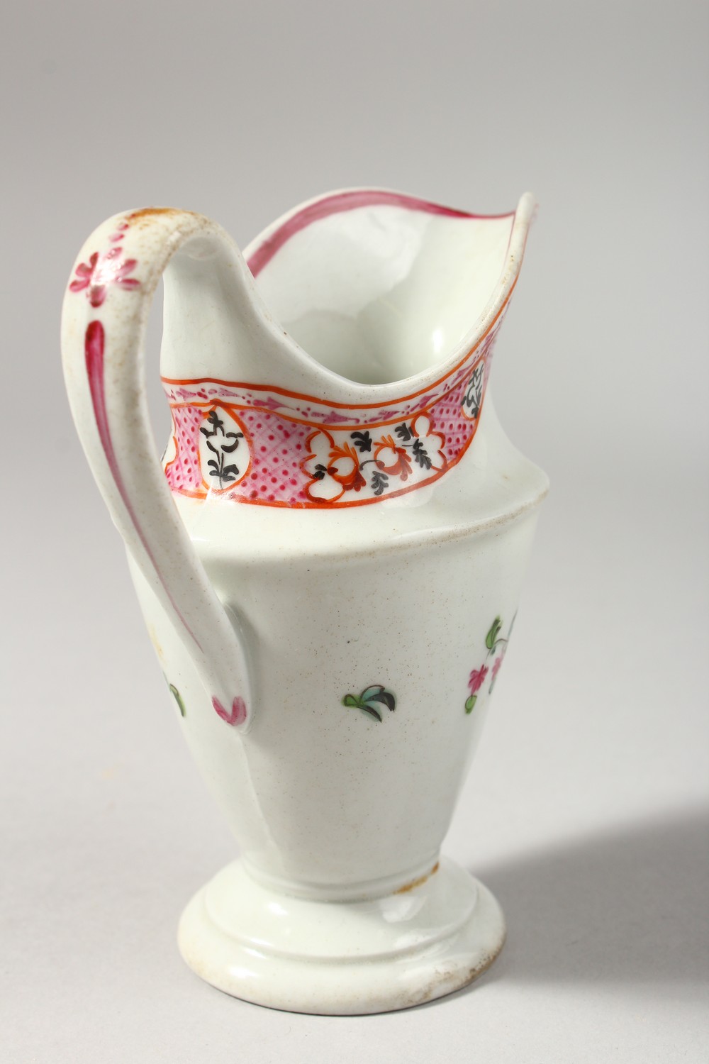 TWO NEW HALL CREAM JUGS, painted in Oriental export style. - Image 7 of 10