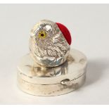 A SILVER CHICK PIN CUSHION AND PILL BOX COMBINED.