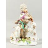 A VIENNA PORCELAIN GROUP OF A YOUNG BOY PLAYING A BAGPIPE, a dog on its hind legs and a sheep by his