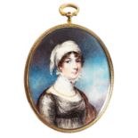 A GOOD OVAL PORTRAIT OF A LADY, wearing a white head scarf, large lace collar, a gold chain and