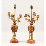 A GOOD PAIR OF ORMOLU AND ROUGE MARBLE NEO CLASSICAL STYLE CANDELABRA, with three rosebud