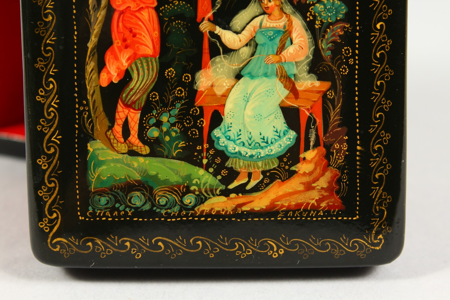 A RUSSIAN BLACK PAPIER MACHE BOX, "Shepherd and Shepherdess", in original cardboard box. 3.5ins x - Image 5 of 8