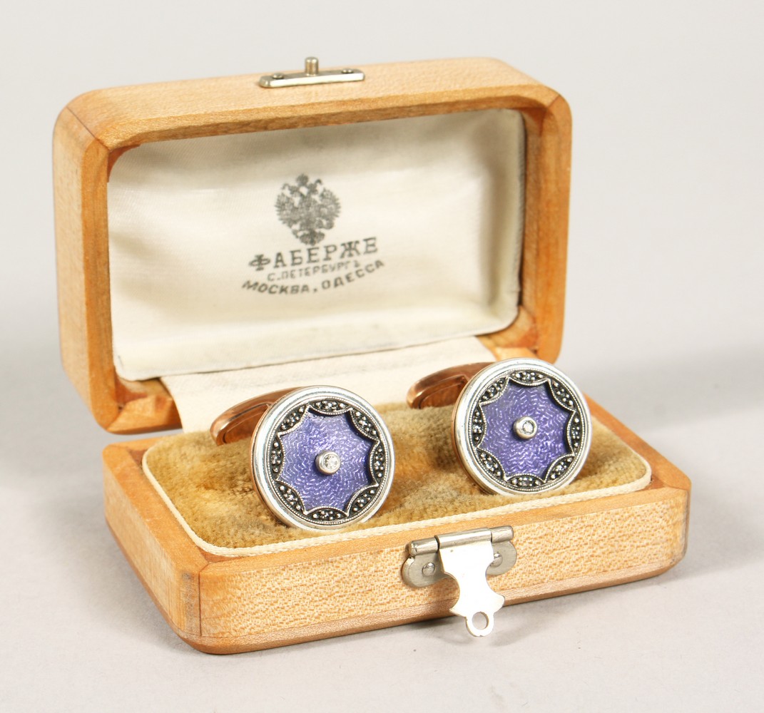 A VERY GOOD PAIR OF RUSSIAN ROSE GOLD, ENAMEL AND DIAMOND CIRCULAR CUFFLINKS, boxed.