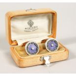 A VERY GOOD PAIR OF RUSSIAN ROSE GOLD, ENAMEL AND DIAMOND CIRCULAR CUFFLINKS, boxed.