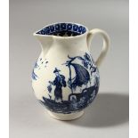 A CAUGHLEY BLUE AND WHITE SPARROW BEAK JUG, with two scenes, a man with a fish and a man fishing, no