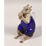 A NOVELTY PLATED AND BLUE GLASS CLARET JUG, modelled as a seated squirrel. 7ins high.