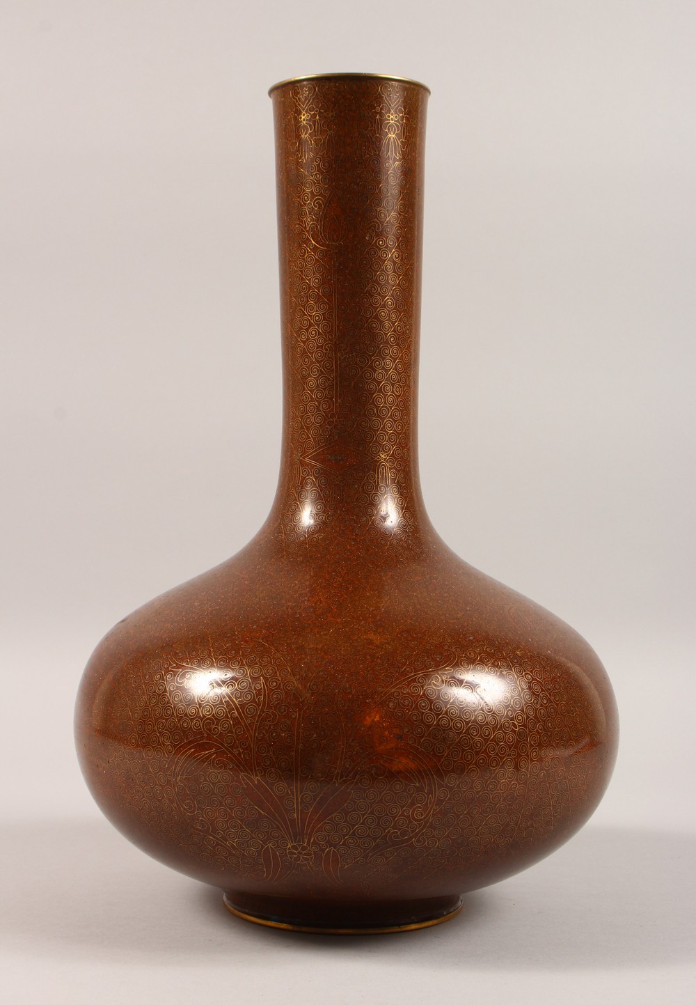 A LARGE BRONZE COLOUR CLOISONNE BOTTLE VASE. 15ins high.