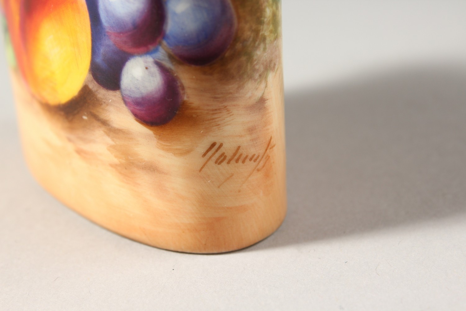 A ROYAL WORCESTER MATCH POT, painted with fruit by Roberts, signed, date code for 1957. - Image 7 of 7