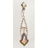 A VERY GOOD SILVER AND ENAMEL PERFUME BOTTLE CHATELAINE.