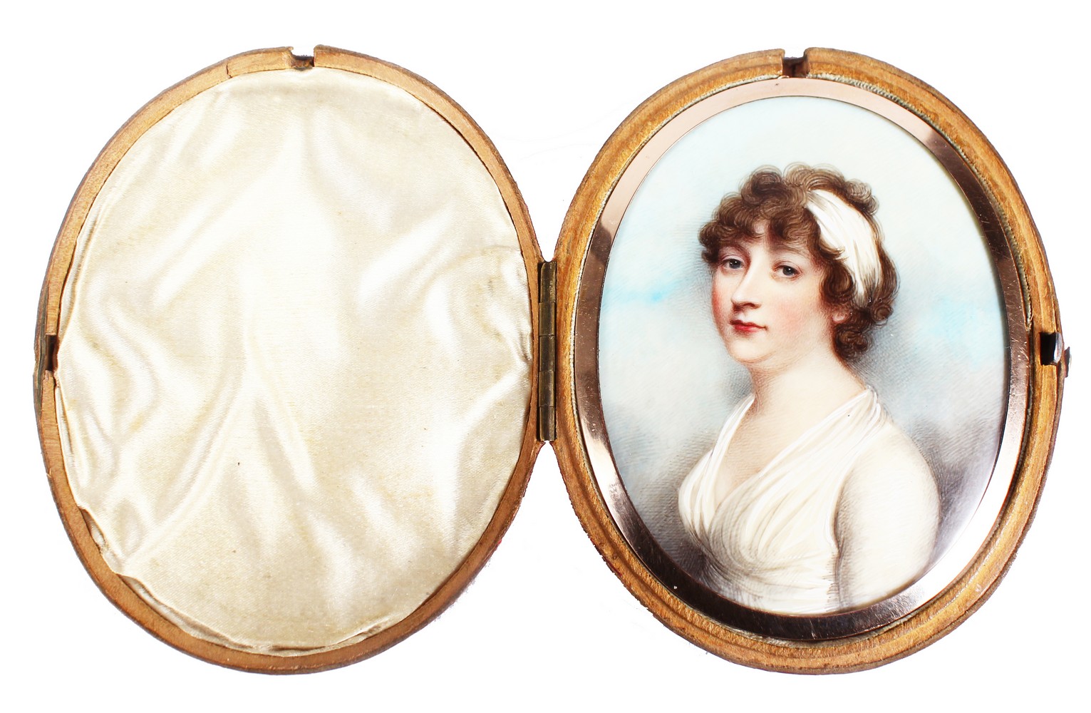 ANDREW PLIMER (1763 - 1837) A FINE OVAL PORTRAIT OF LADY GRAHAM, wearing a white headband and - Image 4 of 4