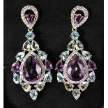 A PAIR OF SILVER, AMETHYST, PERIDOT AND BLUE TOPAZ DROP EARRINGS.