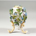 A MEISSEN EGG SHAPE VASE AND COVER, with floral encrusted body, painted with insects on three