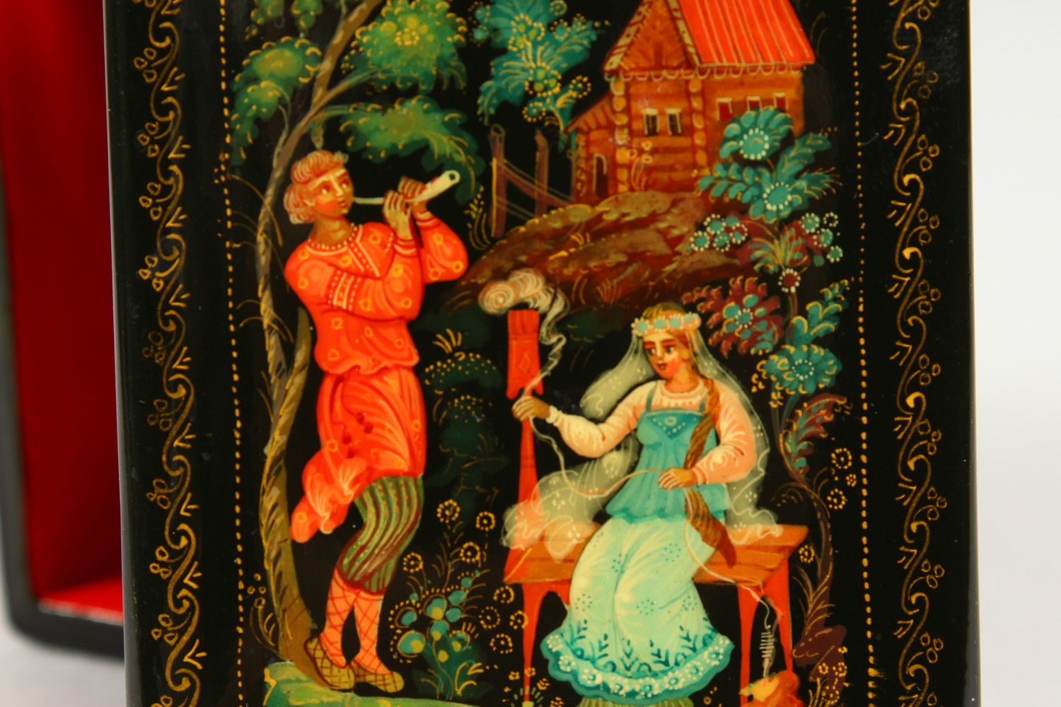 A RUSSIAN BLACK PAPIER MACHE BOX, "Shepherd and Shepherdess", in original cardboard box. 3.5ins x - Image 4 of 8