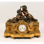 A 19TH CENTURY ORMOLU AND BRONZE MANTLE CLOCK, with eight-day movement striking on a bell,