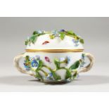 A MEISSEN CIRCULAR TWIN-HANDLED BOWL AND COVER, with floral encrusted body, painted with insects,