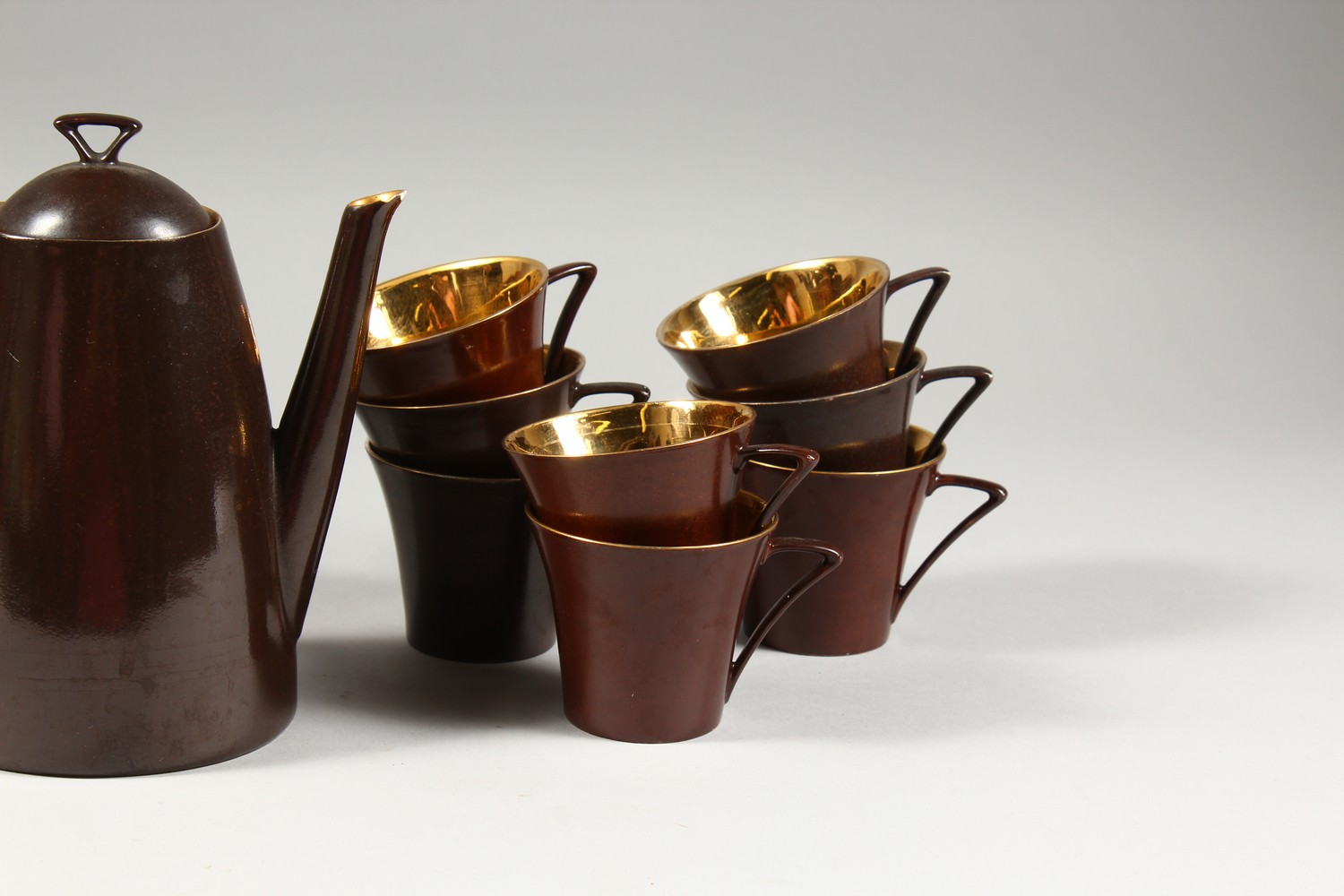 A LIMOGES PORCELAIN PART COFFEE SERVICE, brown glazed, comprising coffee pot, sucrier, eight cups - Image 2 of 15