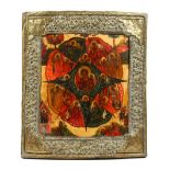 A VERY GOOD 18TH CENTURY GREEK ICON OF SAINTS, on a panel with a brass border. 15ins x 13.5ins.