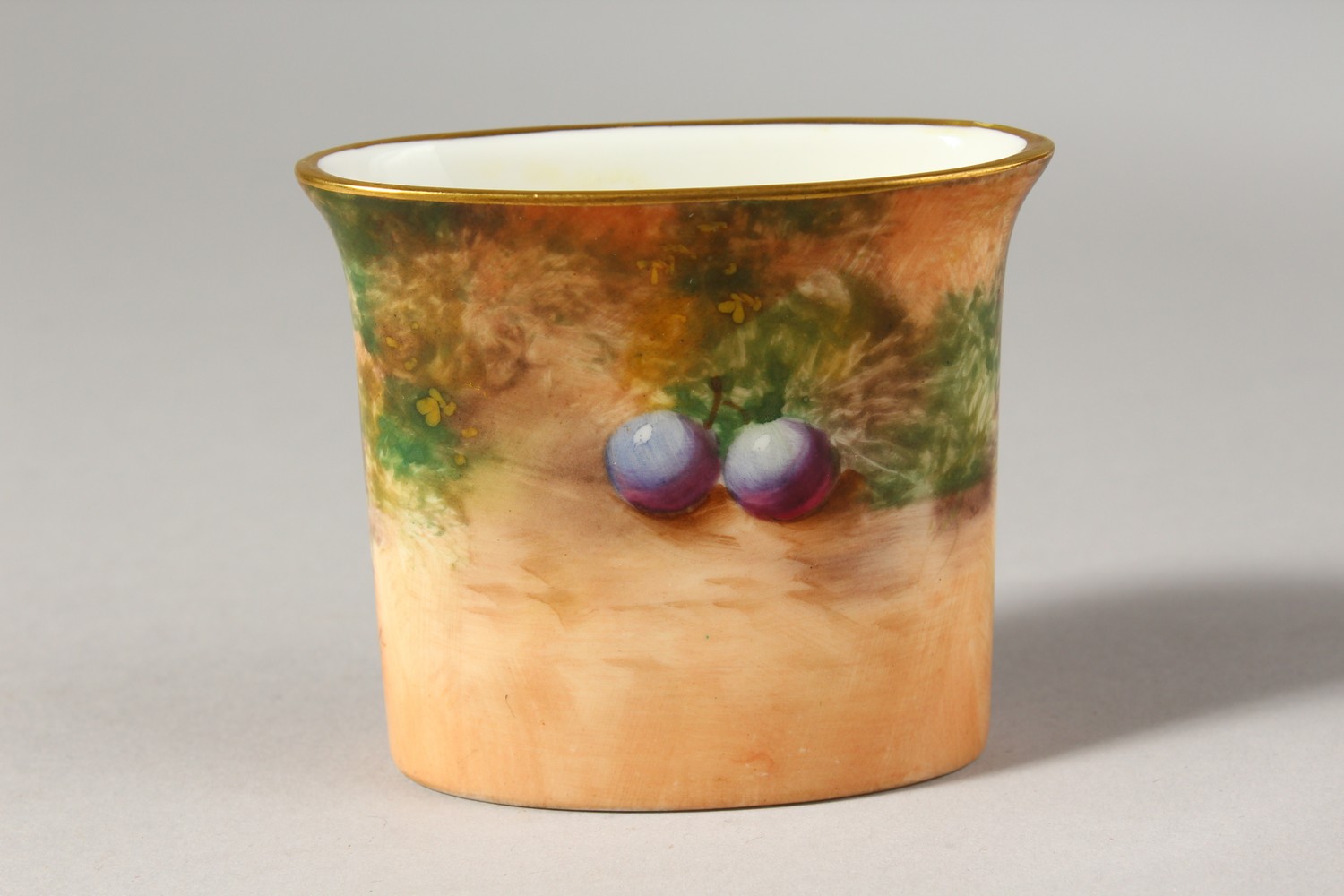 A ROYAL WORCESTER MATCH POT, painted with fruit by Roberts, signed, date code for 1957. - Image 3 of 7