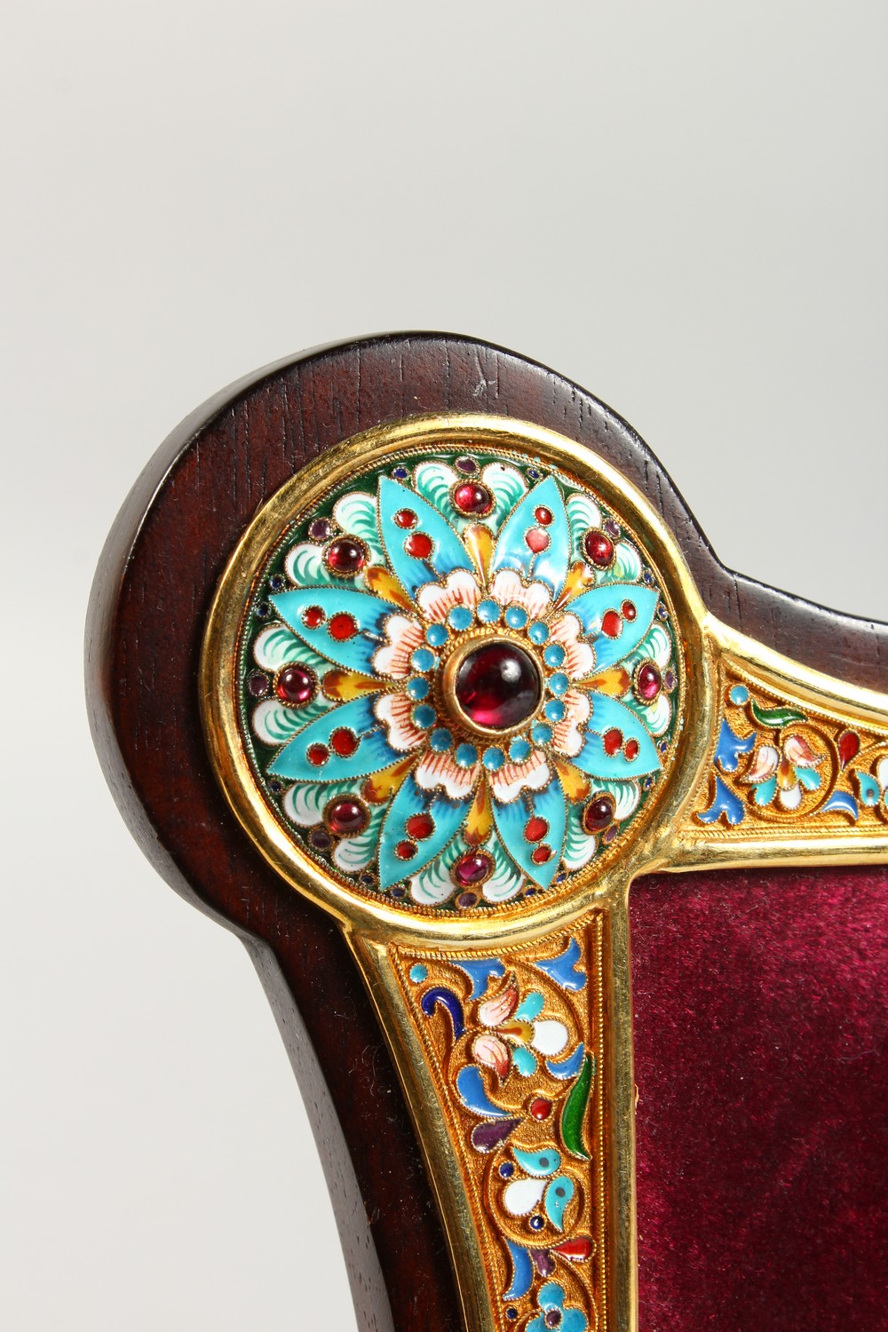 A RUSSIAN SILVER GILT AND ENAMEL DECORATED PHOTOGRAPH FRAME. 9.25ins high x 7ins wide. - Image 2 of 3