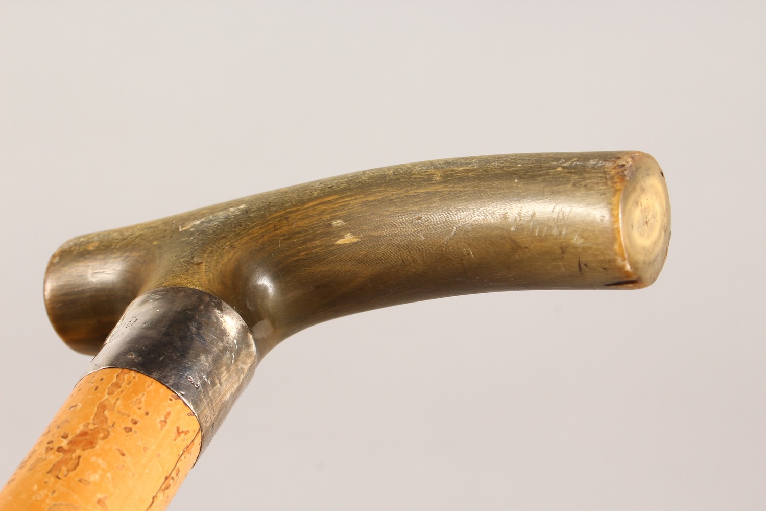 A HORN HANDLED MALACCA WALKING STICK, with a silver collar. 36.5ins long. - Image 6 of 11