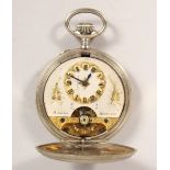 A PLATED HUNTER TYPE POCKET WATCH, with unusual winding mechanism. 2ins diameter.