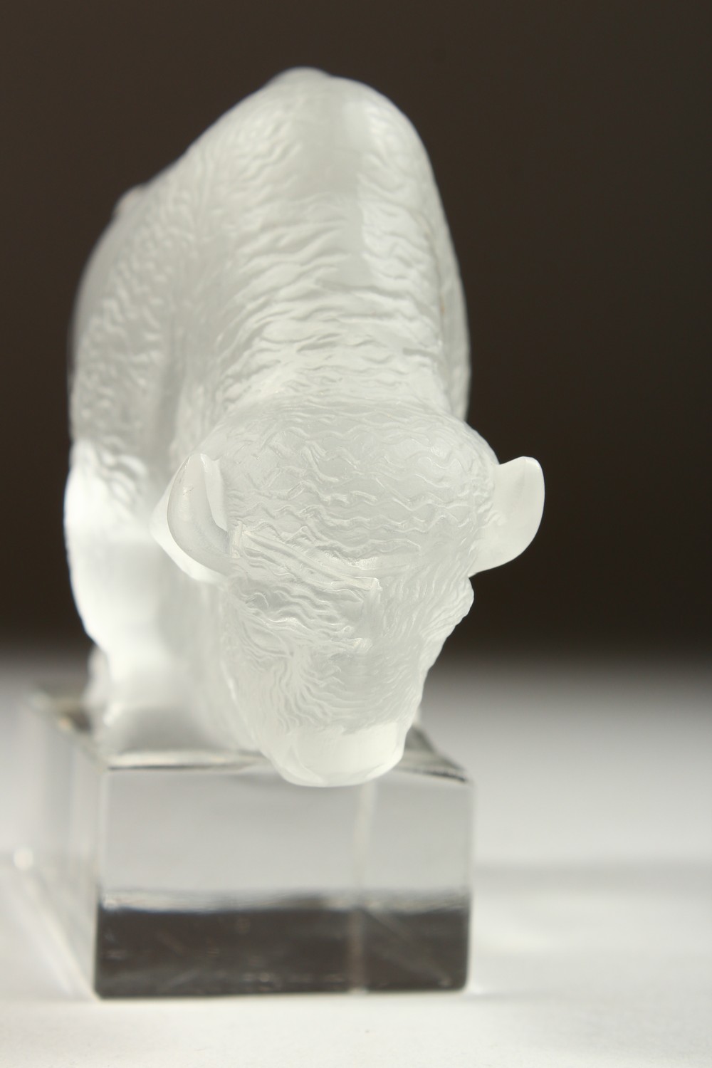A LALIQUE FROSTED GLASS MODEL OF A BISON. Etched LALIQUE, FRANCE. 12cms long. - Image 3 of 9