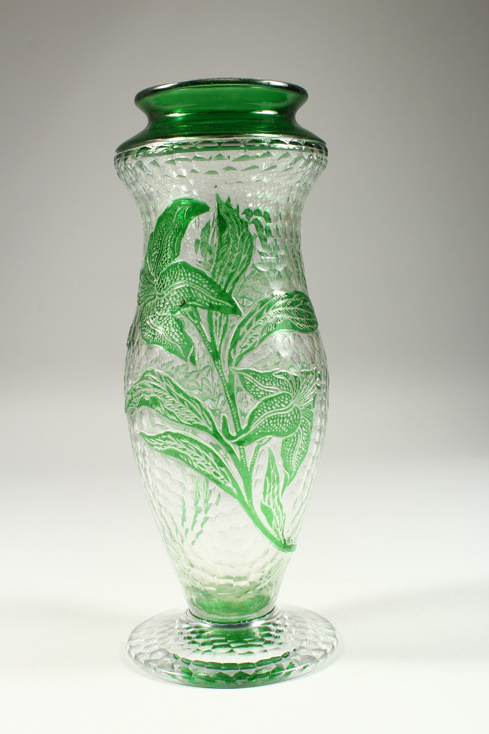 A FRENCH MOULDED AND CUT GLASS PEDESTAL VASE, with green floral decoration. 10.75ins high. - Image 3 of 8