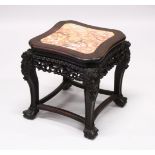 A GOOD 19TH CENTURY CHINESE HARDWOOD & MARBLE PLANT STAND, the top inset with marble, the frieze