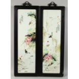 A GOOD PAIR OF REPUBLIC STYLE PORCELAIN FRAMED PANELS, each panel depicting a scene of birds amongst