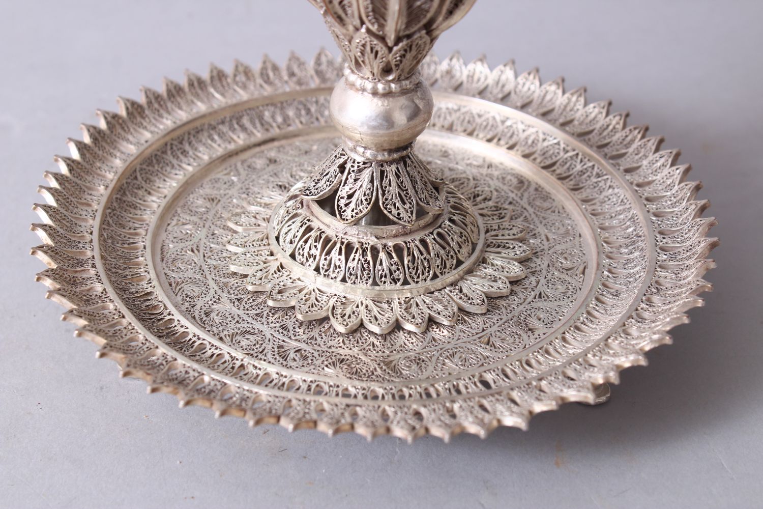 A FINE INDIAN FILIGREE WHITE METAL INCENSE BURNER, the burner formed of floral display, 15.5cm - Image 4 of 7