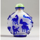 A BLUE OVERLAY SNUFF BOTTLE with horses, 7cm.