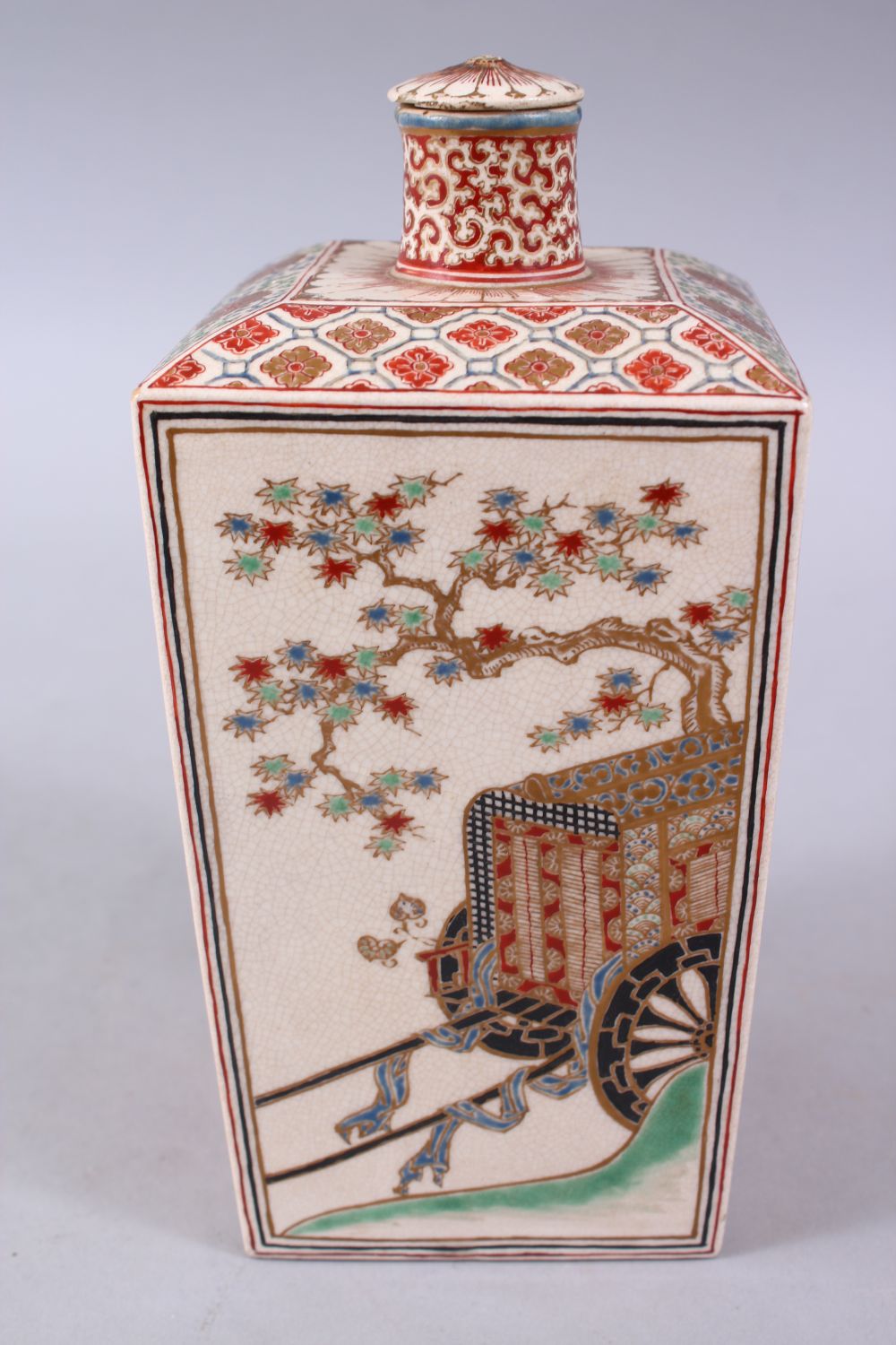 AN UNUSUAL JAPANESE MEIJI PERIOD SQUARE FORM SATSUMA BOTTLE & COVER, the side panels depicting a - Image 4 of 6