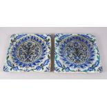 A PAIR OF 17TH CENTURY OTTOMAN IZNIK STYLE DAMASCUS GLAZED POTTERY TILES, both with floral