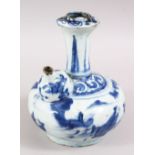 A GOOD 18TH / 19TH CENTURY CHINESE BLUE & WHITE PORCELAIN KENDI, with scenes of landscapes and