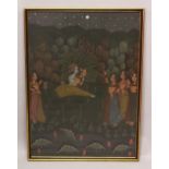 A 19TH-20TH CENTURY FRAMED INDIAN PAINTING ON TEXTILE depicting a blue skin god dancing with a