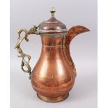 A LARGE 19TH CENTURY INDIAN KASHMIR COFFEE POT with unusual double duck handle.
