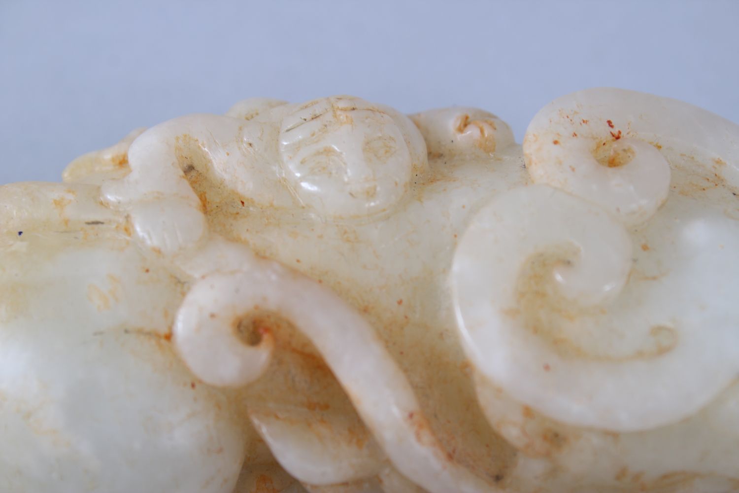 A GOOD 19TH / 20TH CENTURY CHINESE CARVED PALE CELADON JADE BUFFALO FIGURE, in recumbent position, - Image 6 of 6