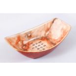 AN UNUSUAL CHINESE WOOD STYLE GROUND PORCELAIN BOAT SHAPED TEA BOWL, the interior with Chinese