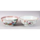 TWO 18TH CENTURY CHINESE MANDARIN FAMILLE ROSE PORCELAIN BOWLS, decorated with scenes of figures