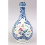 AN 18TH CENTURY CHINESE BLUE & WHITE FAMILLE ROSE PORCELAIN BOTTLE VASE, the body of the vase