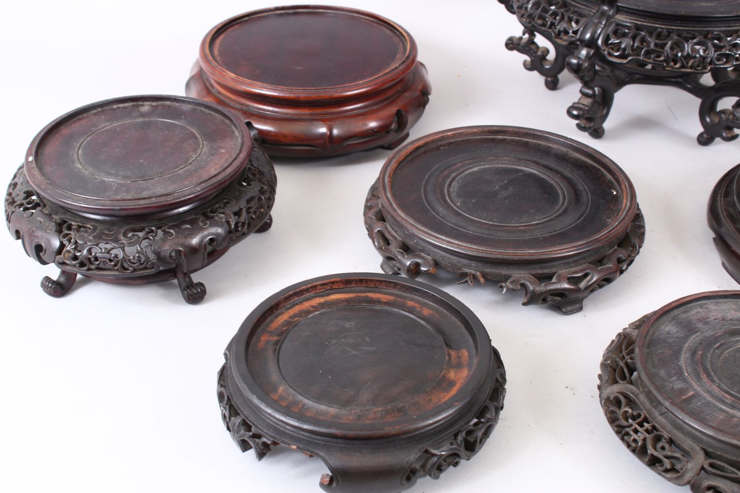 A MIXED LOT OF 10 19TH / 20TH CENTURY CHINESE CARVED AND PIERCED HARDWOOD STANDS, various styles, - Image 3 of 6