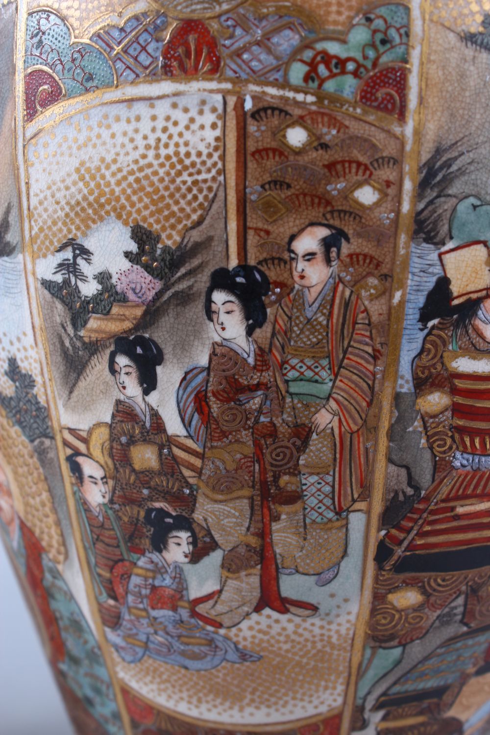A GOOD PAIR OF JAPANESE MEIJI PERIOD OVOID FORM SATSUMA VASES, decorated with scenes of immortal - Image 6 of 12