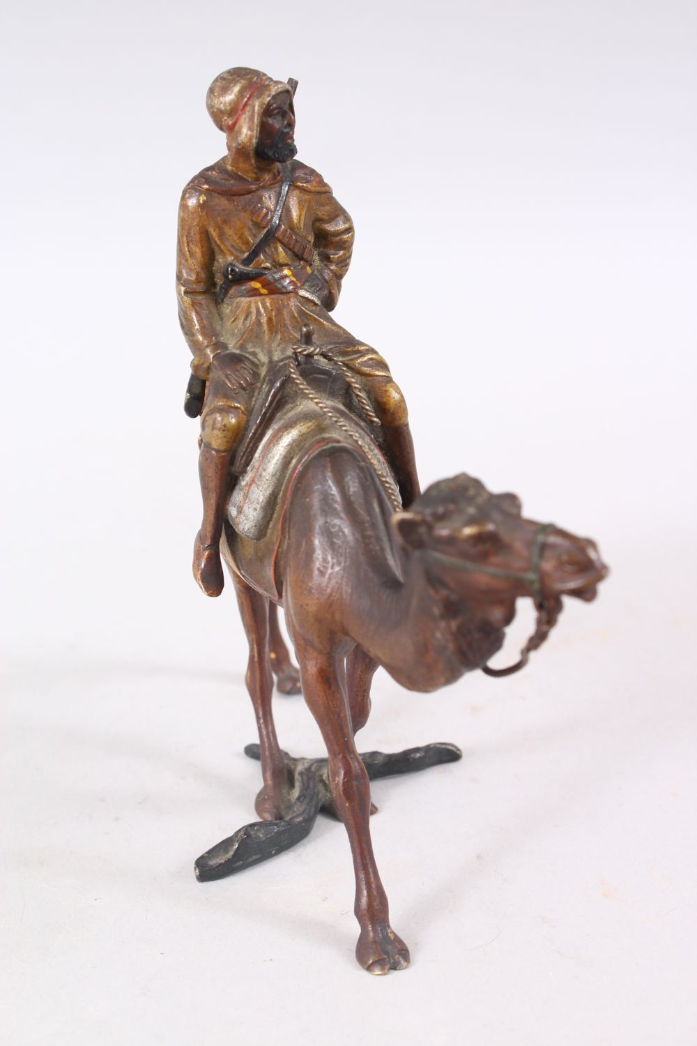 A FINE 19TH CENTURY COLD PAINTED BRONZE FIGURE OF AN ARAB UPON CAMEL BACK, the bronze most likely by - Image 3 of 7