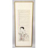 A GOOD 19TH CENTURY CHINESE PAINTING ON PAPER OF A LADY HOLDING A CAT BY FAN JIN YONG, the picture