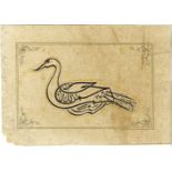 A 19TH / 20TH CENTURY INDO - PERSIAN PAINTING ON PAPER, containing a gilded swan with Arabic script,