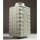 A GOOD CHINESE GE TYPE PORCELAIN CRACKLE GLAZE VASE, with moulded corners, the base with a six-