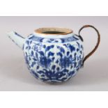 A GOOD CHINESE KANGXI PERIOD BLUE & WHITE PORCELAIN TEAPOT, with formal scrolling lotus design, 10cm