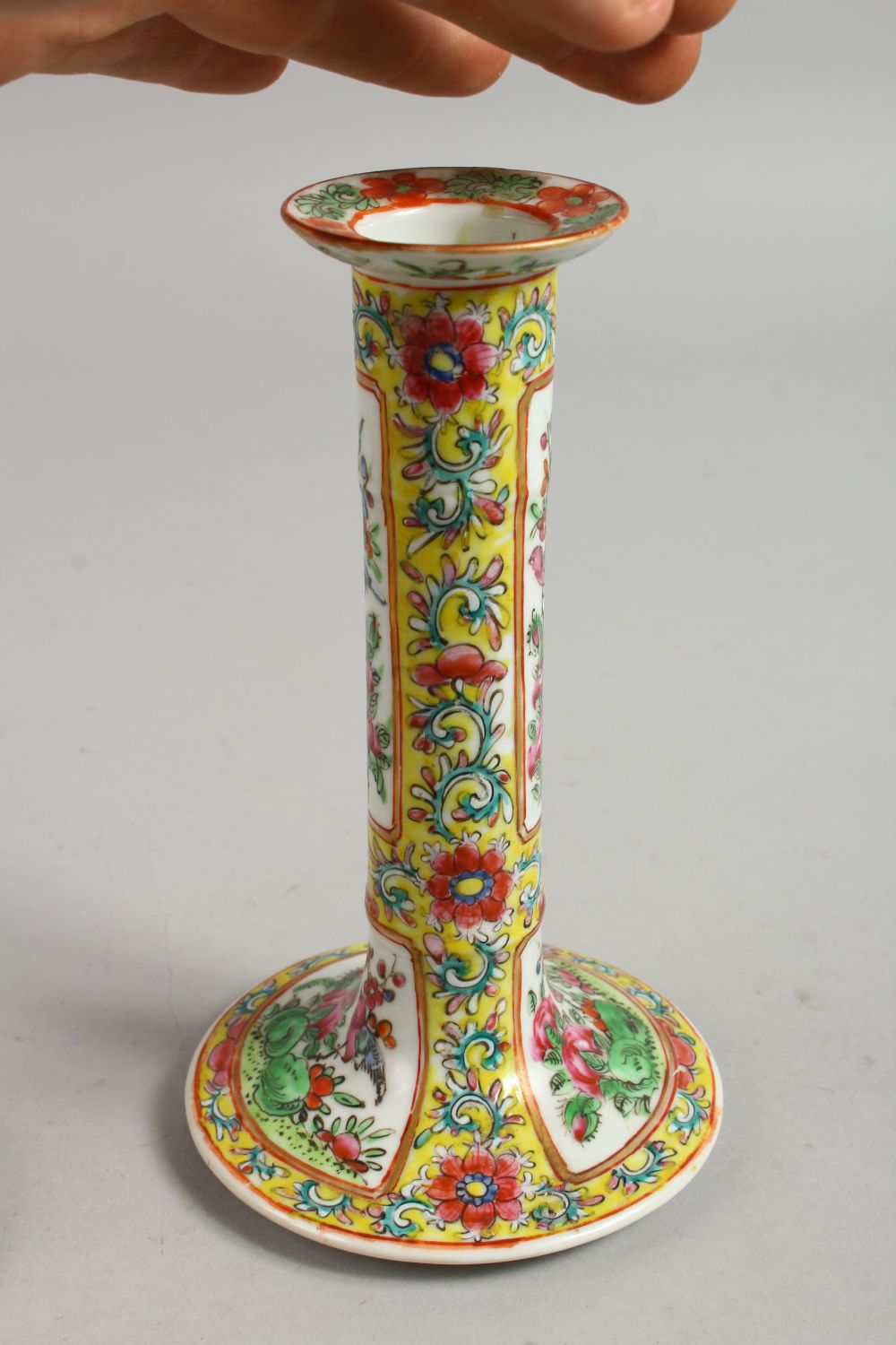 A GOOD PAIR OF CANTON FAMILLE JAUNE CANDLESTICKS with panels of flowers and birds. 7ins high. - Image 6 of 12