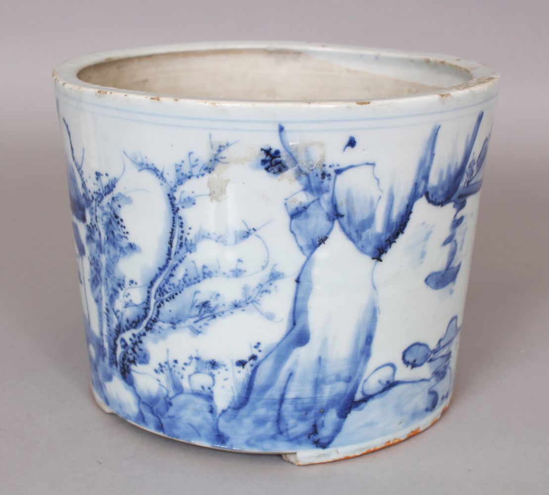 A CHINESE BLUE & WHITE PORCELAIN BRUSHPOT, the flaring sides painted with a continuous river - Image 4 of 7